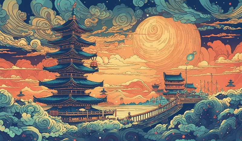 河边湖边海边阁楼登高眺远中国风国潮古典中国传统文化背景插画,插画/手绘图,插画/手绘图库,插画/手绘图下载,插画/手绘